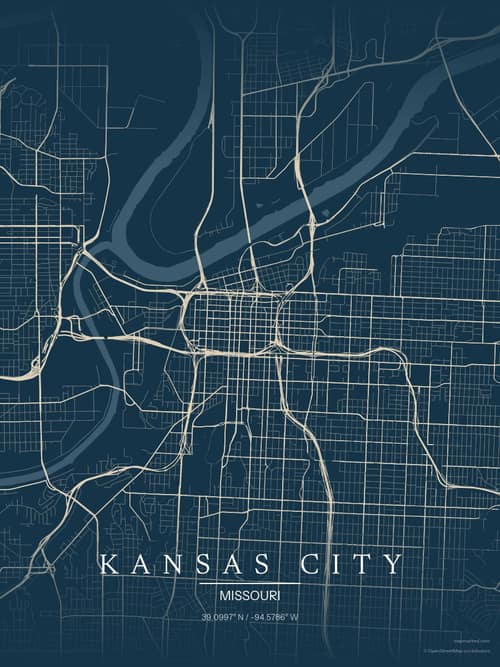 Kansas City map art print in Driftwood Navy — minimalist city map poster