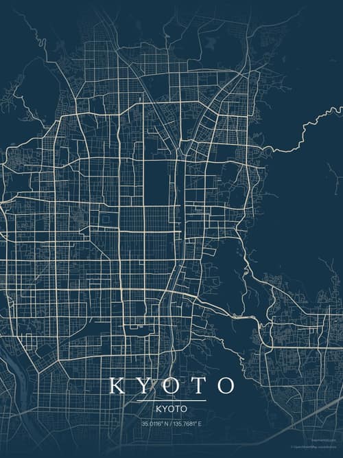 Kyoto map art print in Driftwood Navy — minimalist city map poster