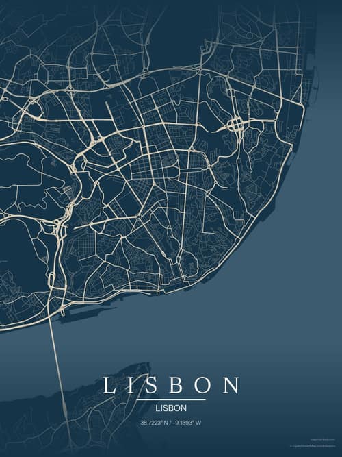 Lisbon map art print in Driftwood Navy — minimalist city map poster