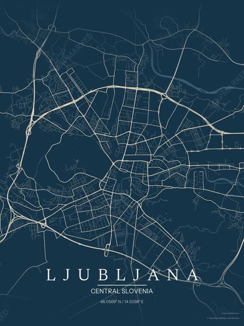 Ljubljana map art print in Driftwood Navy — minimalist city map poster