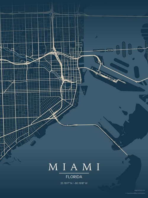 Miami map art print in Driftwood Navy — minimalist city map poster