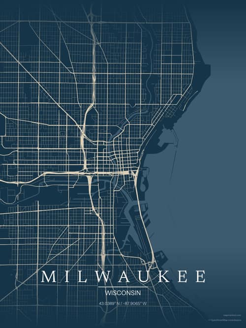 Milwaukee map art print in Driftwood Navy — minimalist city map poster