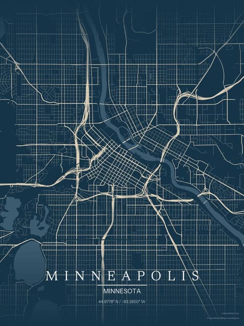 Minneapolis map art print in Driftwood Navy — minimalist city map poster