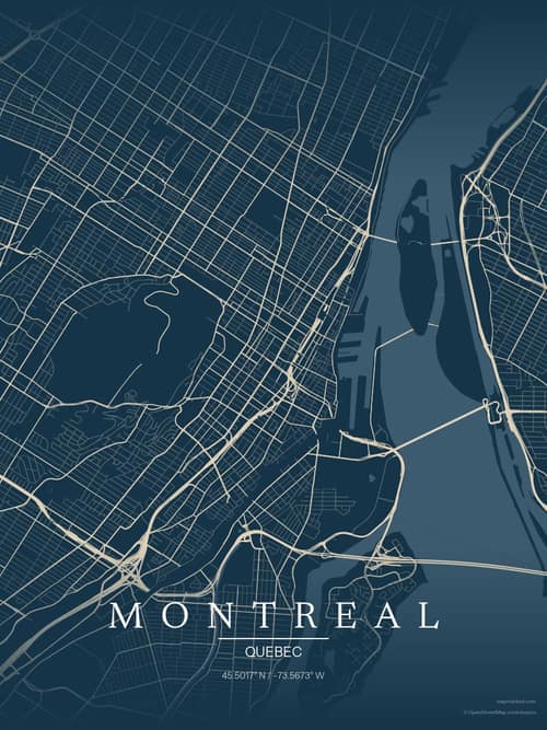 Montreal map art print in Driftwood Navy — minimalist city map poster