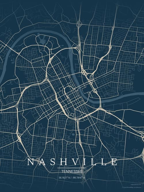 Nashville map art print in Driftwood Navy — minimalist city map poster