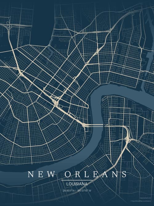 New Orleans map art print in Driftwood Navy — minimalist city map poster