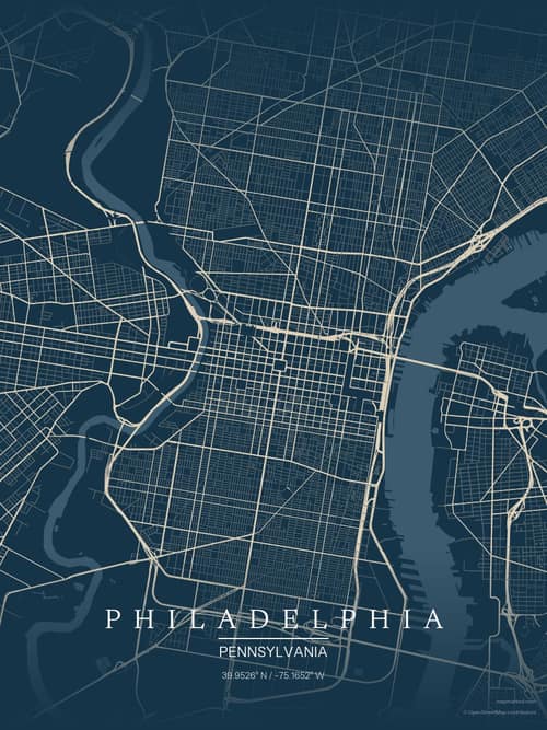 Philadelphia map art print in Driftwood Navy — minimalist city map poster