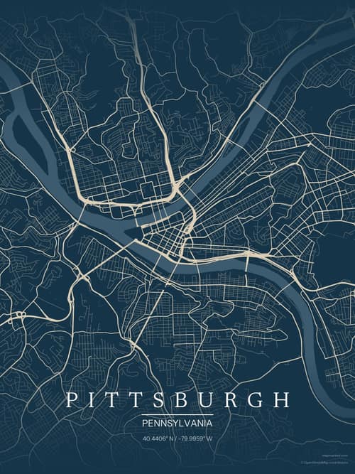Pittsburgh map art print in Driftwood Navy — minimalist city map poster