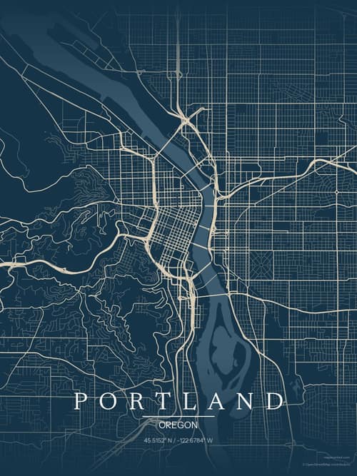 Portland map art print in Driftwood Navy — minimalist city map poster