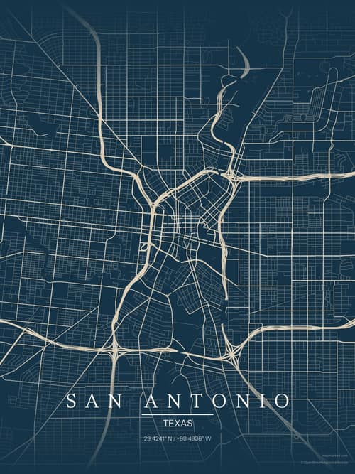 San Antonio map art print in Driftwood Navy — minimalist city map poster