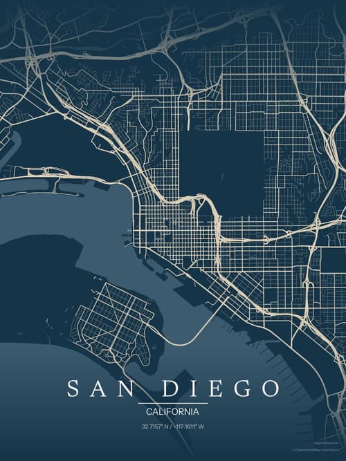 San Diego map art print in Driftwood Navy — minimalist city map poster