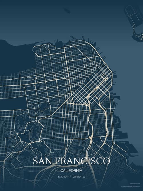 San Francisco map art print in Driftwood Navy — minimalist city map poster