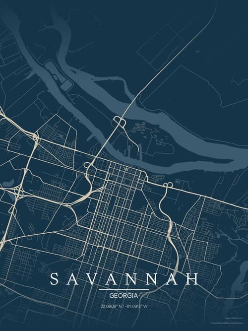 Savannah map art print in Driftwood Navy — minimalist city map poster