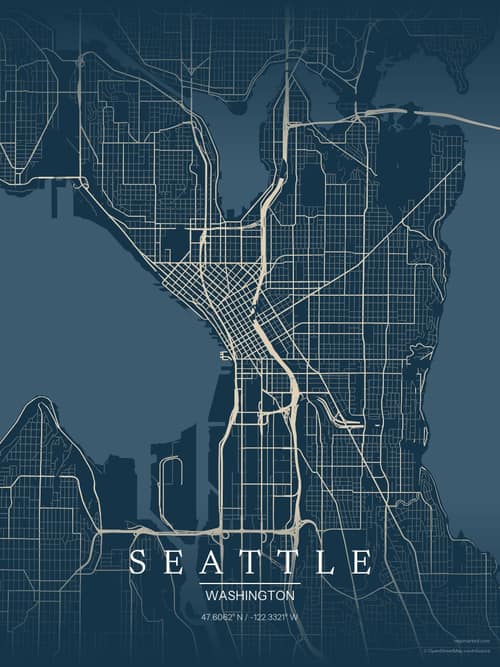 Seattle map art print in Driftwood Navy — minimalist city map poster