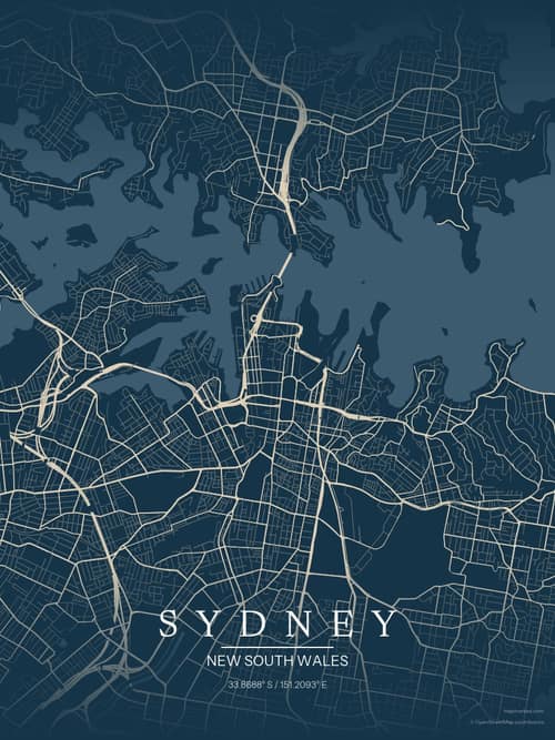 Sydney map art print in Driftwood Navy — minimalist city map poster