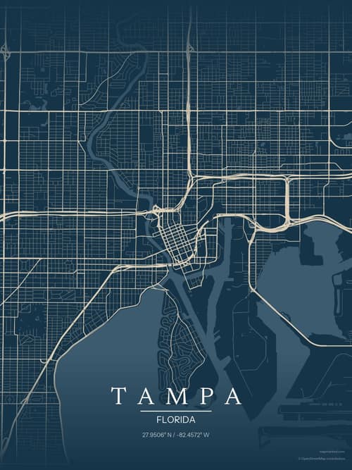 Tampa map art print in Driftwood Navy — minimalist city map poster