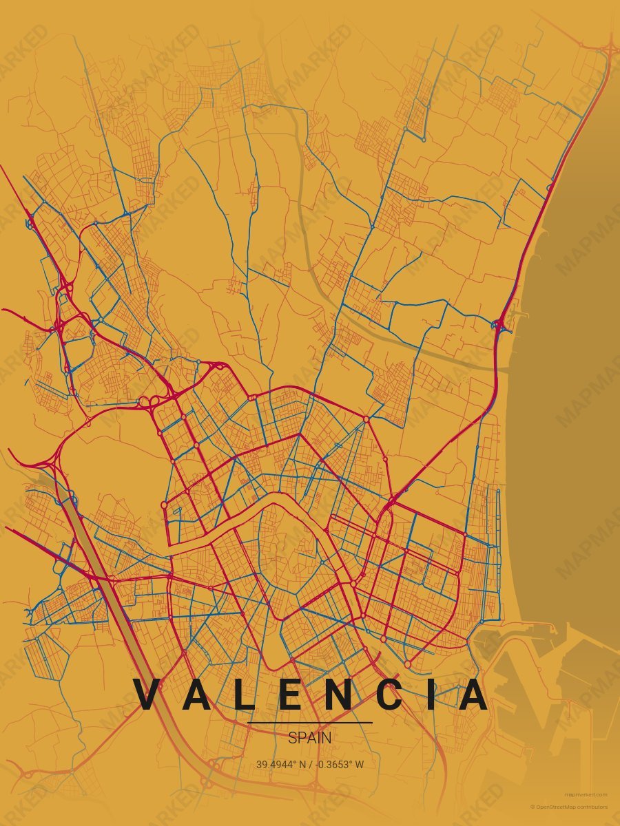 Gold, Maroon & Blue Contrast style sample on Valencia Es