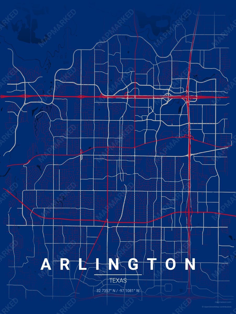 Blue, Red & Light Gray Atlas style sample on Arlington