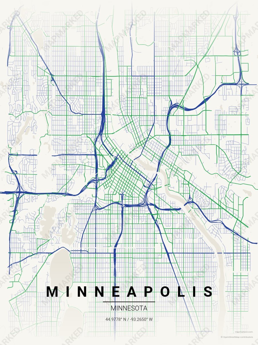 White, Blue & Green Nova style sample on Minneapolis