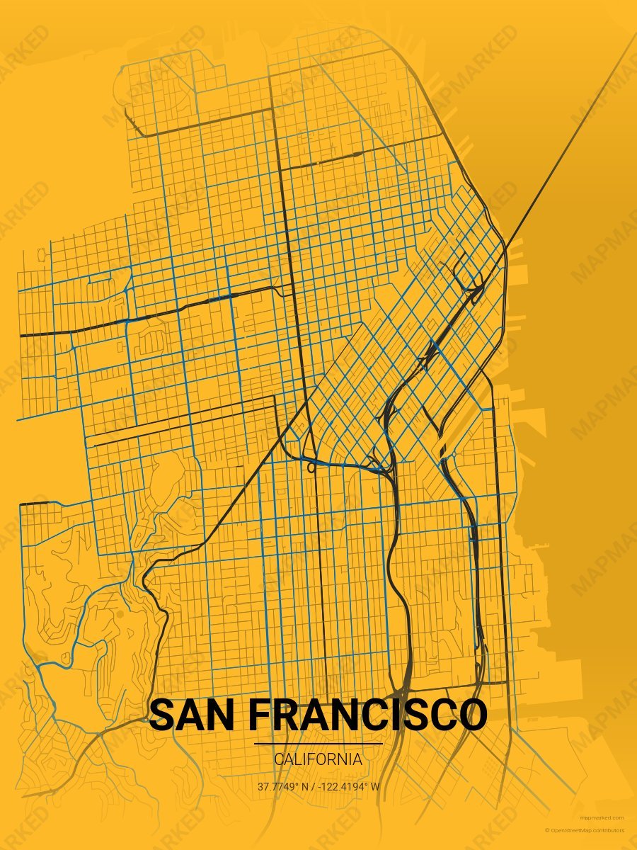 Yellow, Slate & Royal Blue Aura style sample on San Francisco