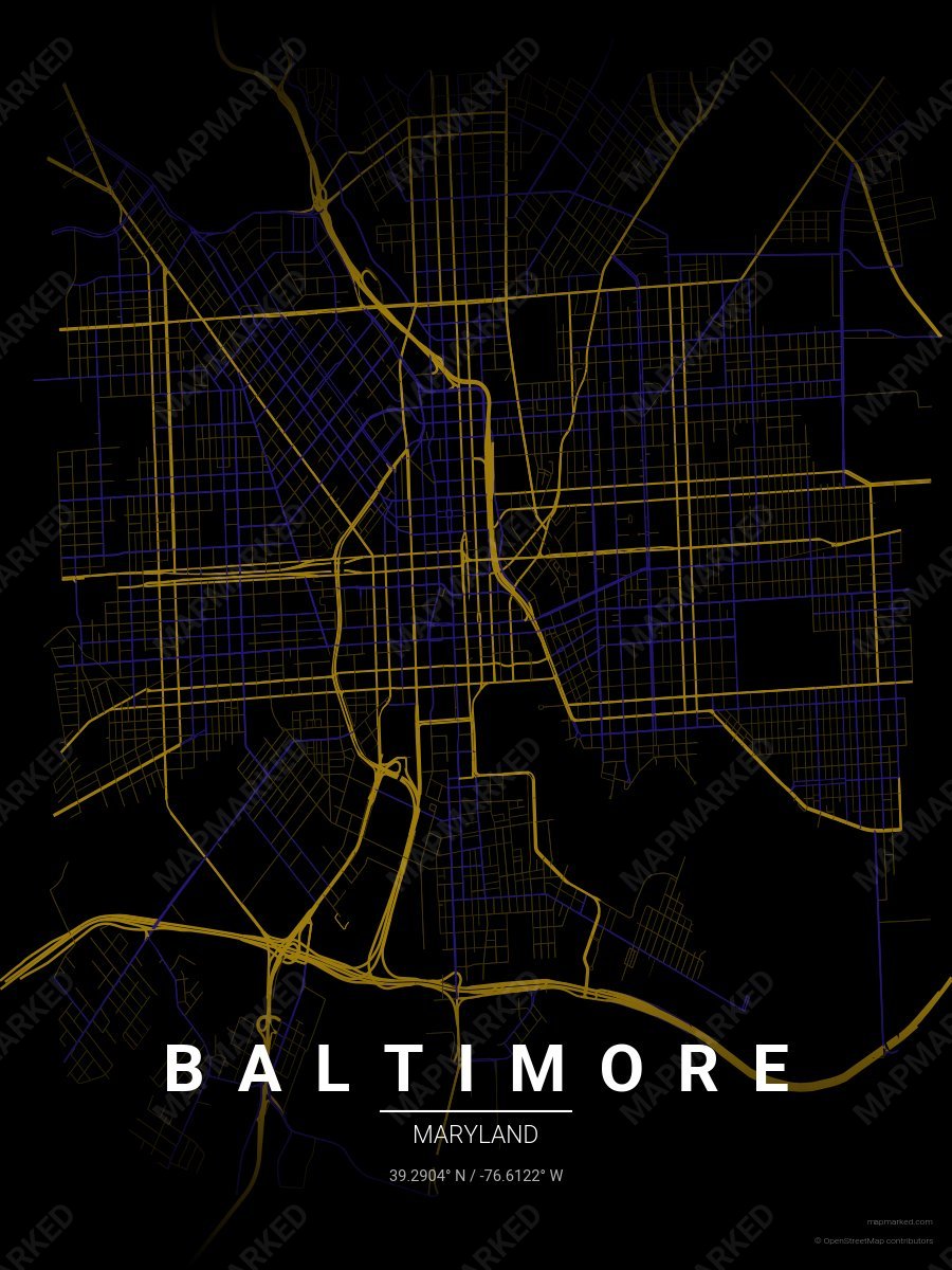 Black, Metallic Gold & Purple Bold style sample on Baltimore
