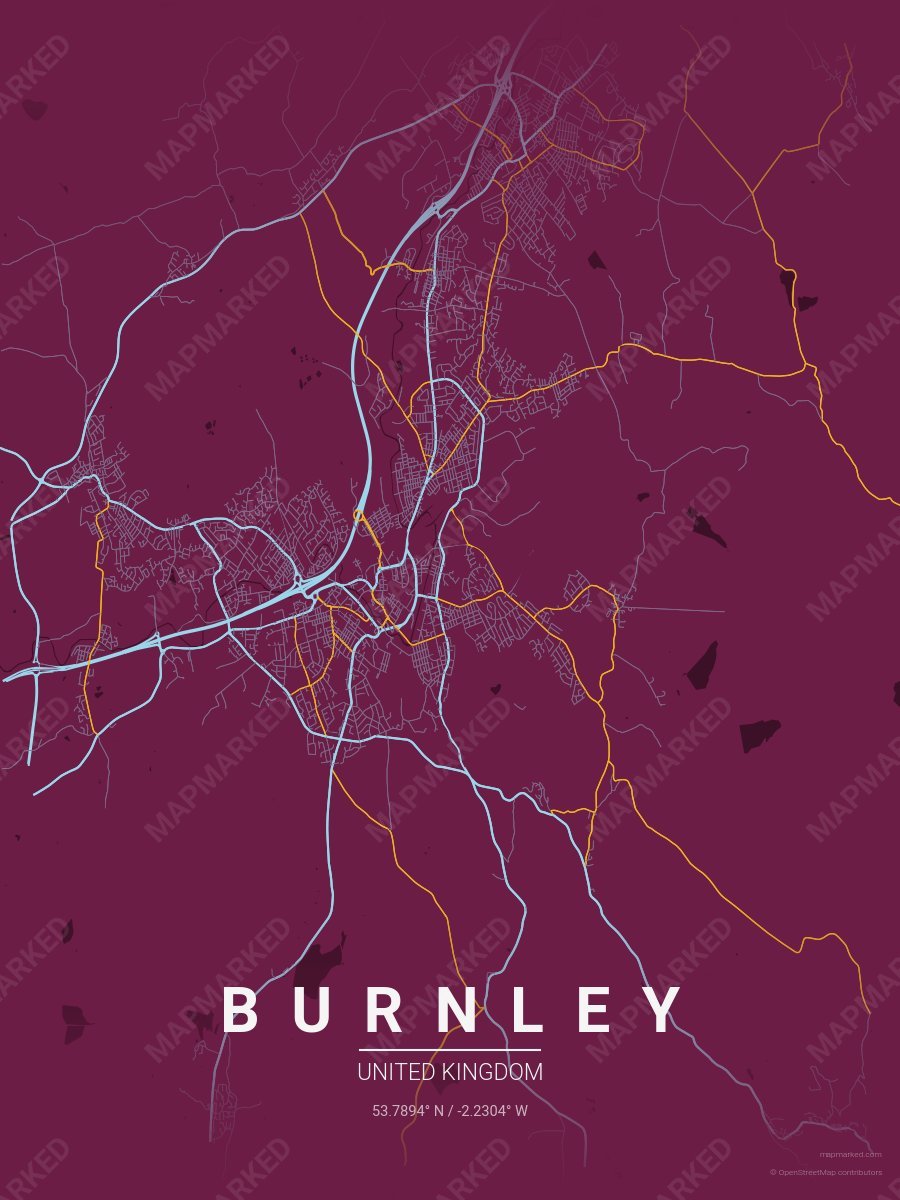 Burgundy, Light Blue & Gold Atlas style sample on Burnley Gb