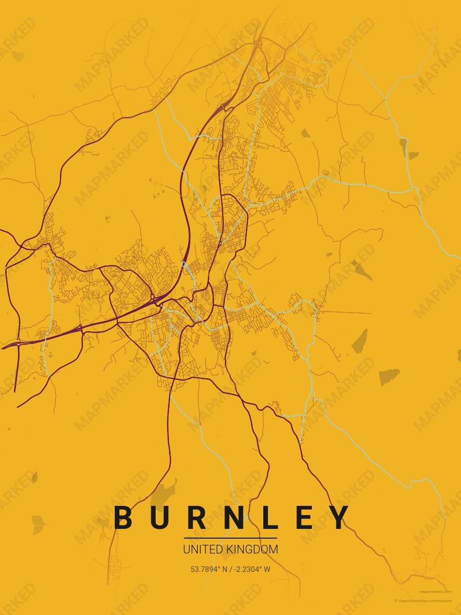 Gold, Burgundy & Light Blue Aura style sample on Burnley Gb