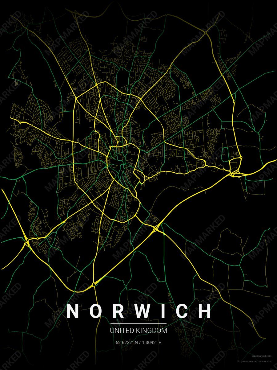 Black, Yellow & Green Heritage style sample on Norwich Gb