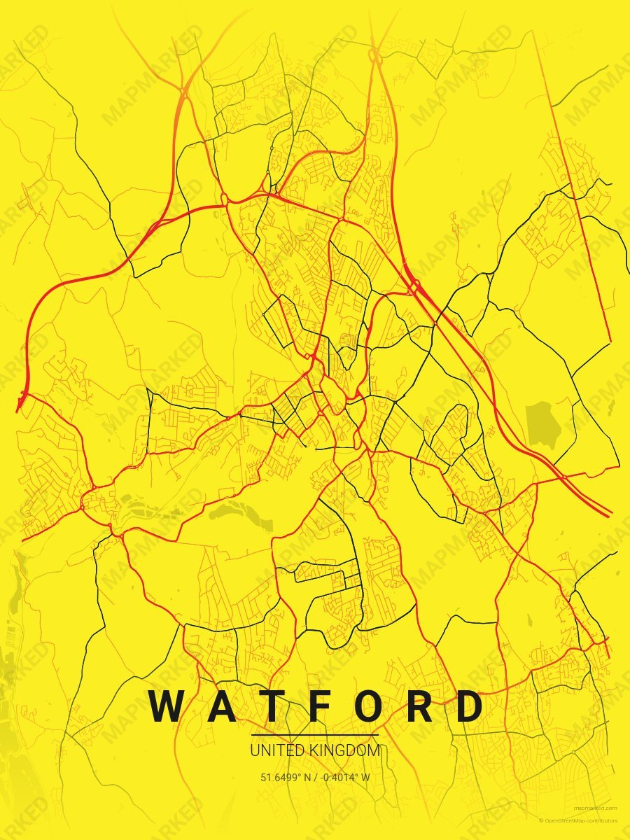 Yellow, Red & Black Modern style sample on Watford Gb