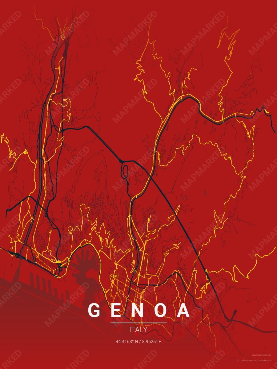 Red, Dark Blue & Yellow Range style sample on Genoa It
