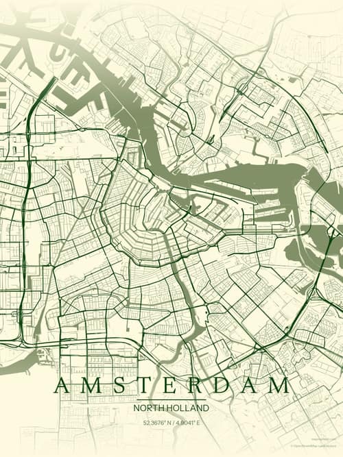 Amsterdam map art print in Harvest Barn — minimalist city map poster
