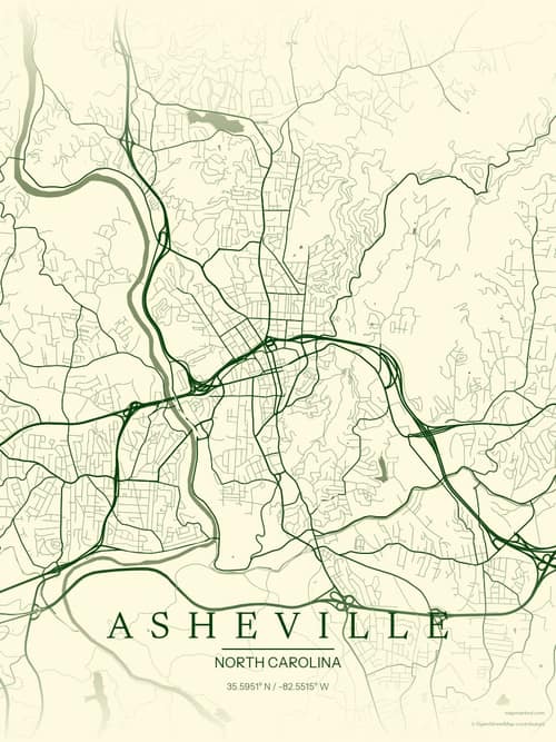 Asheville map art print in Harvest Barn — minimalist city map poster