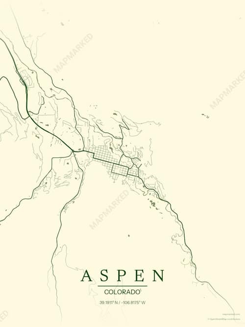 Aspen map art print in Harvest Barn — minimalist city map poster