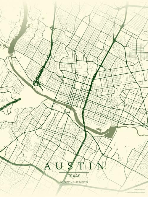 Austin map art print in Harvest Barn — minimalist city map poster