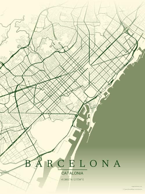 Barcelona map art print in Harvest Barn — minimalist city map poster