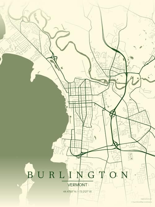 Burlington map art print in Harvest Barn — minimalist city map poster