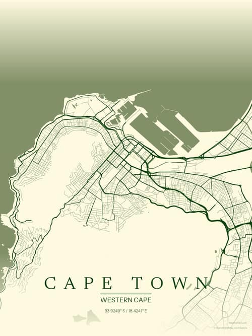 Cape Town map art print in Harvest Barn — minimalist city map poster