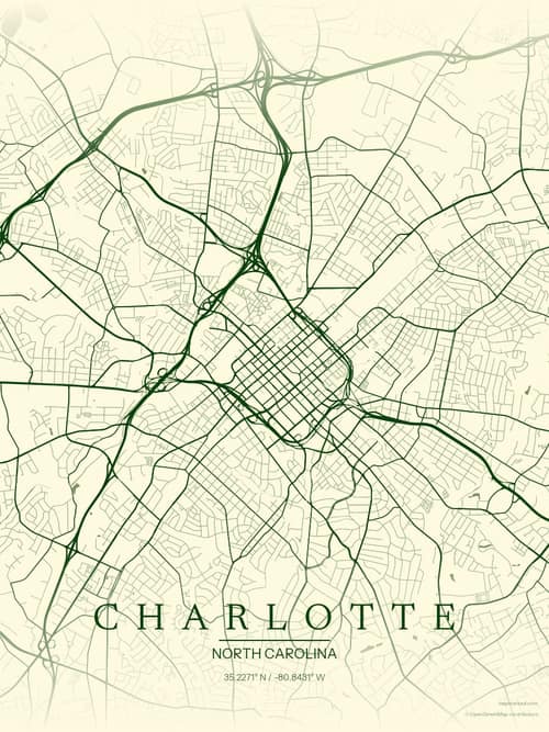 Charlotte map art print in Harvest Barn — minimalist city map poster