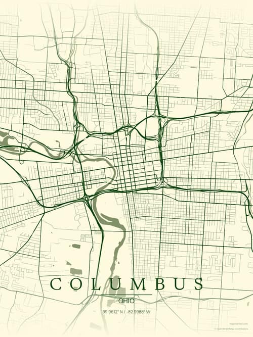 Columbus map art print in Harvest Barn — minimalist city map poster