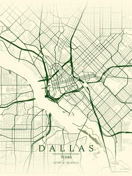 Dallas map art print in Harvest Barn — minimalist city map poster