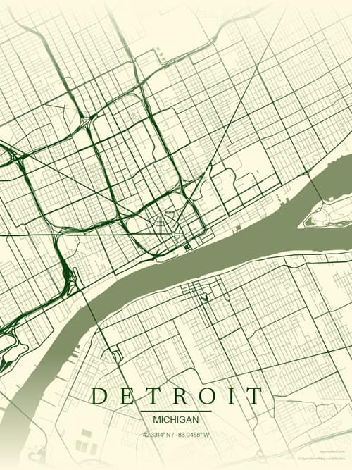 Detroit map art print in Harvest Barn — minimalist city map poster