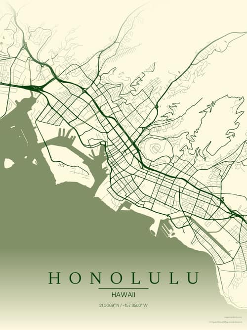 Honolulu map art print in Harvest Barn — minimalist city map poster