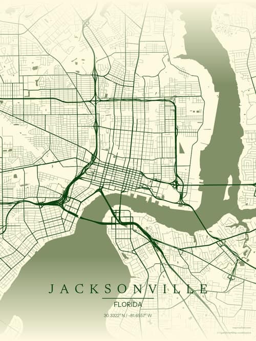 Jacksonville map art print in Harvest Barn — minimalist city map poster