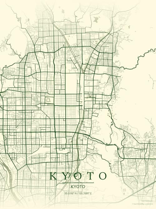 Kyoto map art print in Harvest Barn — minimalist city map poster