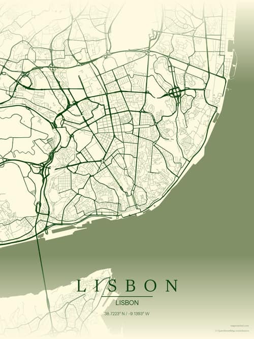 Lisbon map art print in Harvest Barn — minimalist city map poster