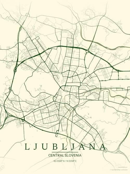 Ljubljana map art print in Harvest Barn — minimalist city map poster