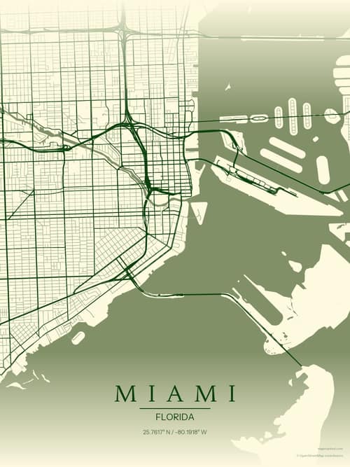 Miami map art print in Harvest Barn — minimalist city map poster