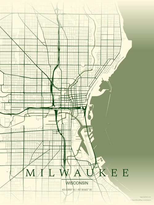 Milwaukee map art print in Harvest Barn — minimalist city map poster