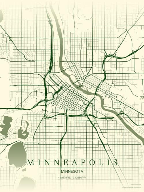 Minneapolis map art print in Harvest Barn — minimalist city map poster