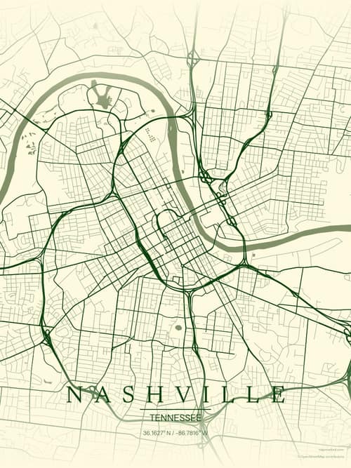 Nashville map art print in Harvest Barn — minimalist city map poster